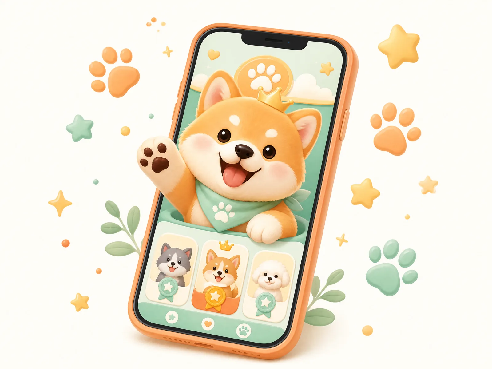 展示萌宠竞技App界面与小狗吉祥物的下载页插画